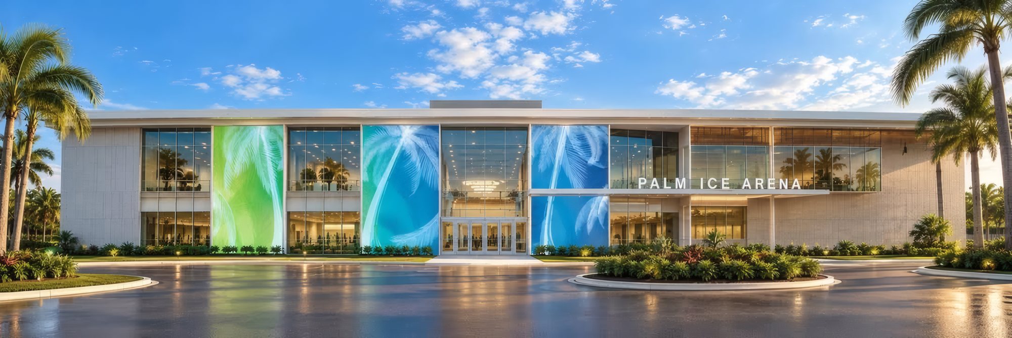 Artist's rendering of the new arena: a glass facade with palm-leaf murals, framed by palm trees